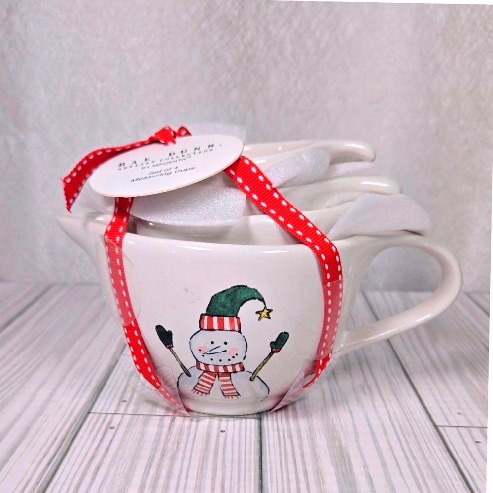 Rae Dunn Snowman Measuring Cups Set of 4 Ceramic Christmas Holiday Magenta NEW